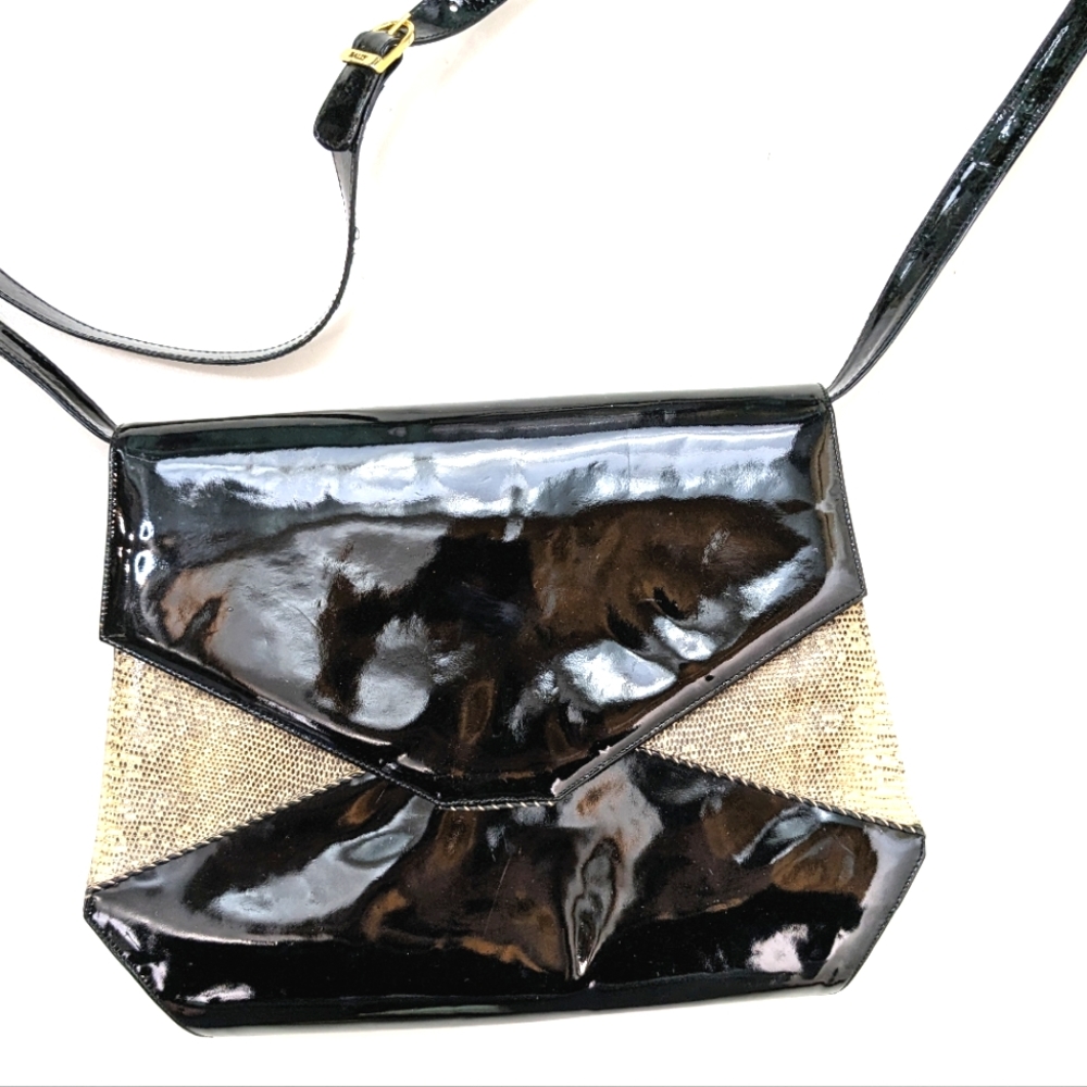 Bally Black Patent Leather with Cream Snakeskin Print Bag
